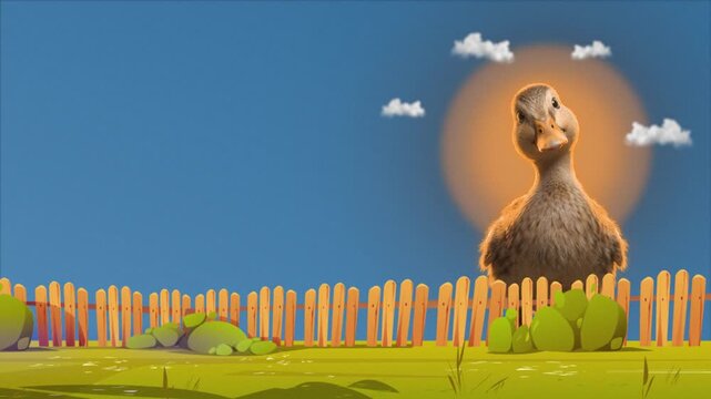 Duck for children animation featuring a curious portrait with yellow rim light over sky bl with copy space for digital ads and social media.