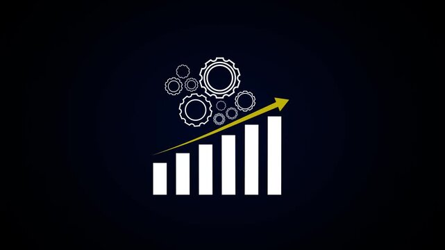 Growth chart animation displays turning gears and an upward arrow. Corporate business revenue success tracks on the growth chart. Industrial productivity expansion powers the growth chart.