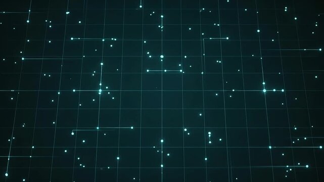 Digital grid lines intersecting with bright glowing nodes create a futuristic matrix texture across a dark teal field.