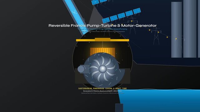 Animation of a closed-loop pumped storage hydropower system, featuring a reversible Francis pump-turbine, mountain gravitational water battery, and solar array for clean energy generation