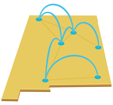 3D illustration symbolizing communications, transport routes, and regional network in New Mexico, featuring connected data links over the state territory map silhouette (cut out)