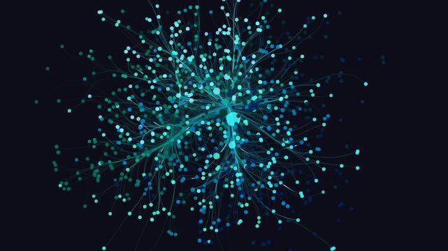 Abstract neural network sphere rotating with glowing data pulses along connections, clusters of neurons spinning and processing complex information signals