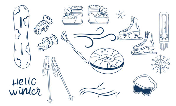 Winter sports equipment and cold weather doodle set with ski goggles, snowboard, ice skates, snow tubing, mittens, and ski poles line art vector illustration
