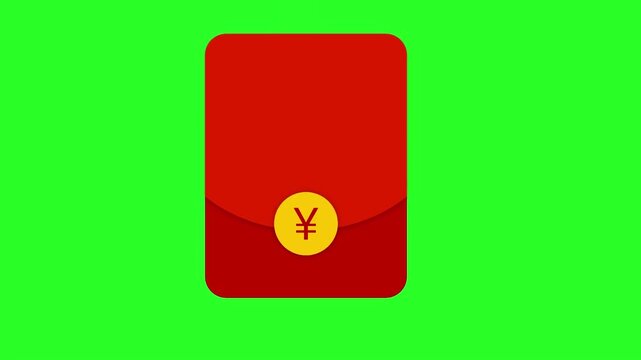 Red Packet Hongbao Envelope with Gold Yen Yuan Currency Symbol Seal Isolated on Green Screen Chroma Key Background Chinese New Year Concept