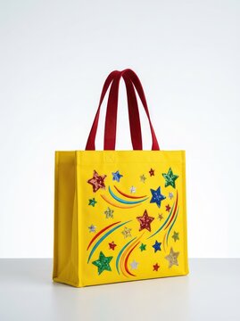 A vibrant yellow tote bag featuring contrast red handles, shimmering with sparkling colorful star accents and dynamic motion lines on a bright background, colorful, speed, dynamic