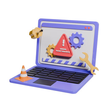 Laptop with Under Maintenance Warning Sign, Gears, Cone, and Tools 3D Render Illustration