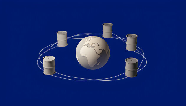 Oil Barrels Orbiting Planet Earth Globe Connected by Glowing Network Lines