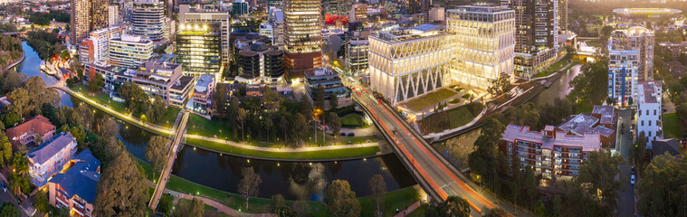 Aerial Parramatta CBD Sunset no sky narrow pan
