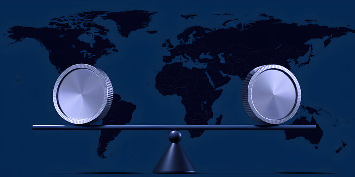 Silver Coins Balanced on Scale Lever in Front of World Map for Economic Parity