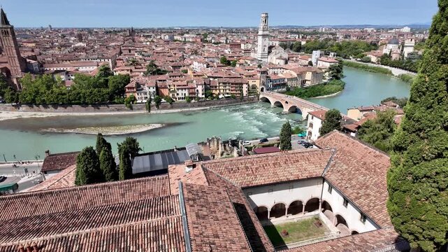 Historic Verona cityscape seen from Castel San Pietro with terra cotta rooftops, warm-toned buildings and the Adige River below