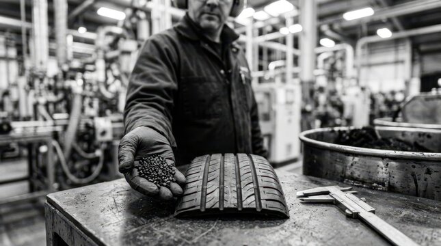 Quality control inspector holding matte rubber pellets beside cured tire tread sample in polymer plant