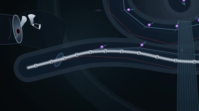 Scientific 2D animation illustrating the function of a cochlear electrode array, showing scala tympani spiral insertion, acoustic transduction bypass, and auditory nerve trunk signal transmission