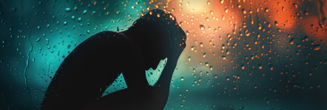 Seasonal depression awareness silhouette of a person by a rainy window with bokeh lights for background banner and mental health outreach. Copy space. Autumn melancholy. Seasonal affective disorder