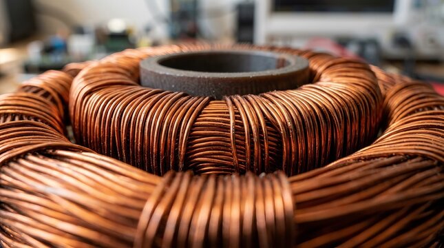 Close-up of tightly wound copper wire coils in industrial setting.