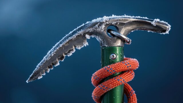 Frost-covered ice axe with orange climbing rope against blue background