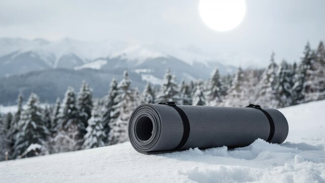 Rolled dark gray yoga mat resting on snowy ground in mountain landscape