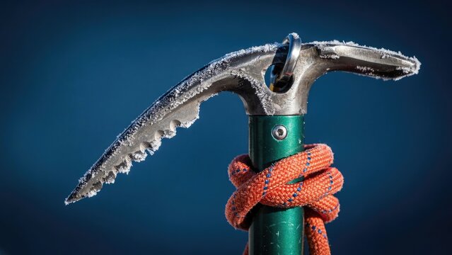 Close-up of a frost-covered ice axe with orange climbing rope