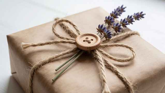 Close-up of an eco-friendly gift wrapped in rustic kraft paper, tied with twine and lavender. Ideal natural packaging design
