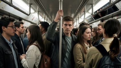 Obraz premium A pensive young man stands in a crowded subway car during the morning rush hour. Diverse commuters travel together in a busy urban train interior