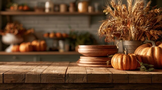 Rustic autumn kitchen setting with wooden table pumpkins dried wheat and pottery bowls warm cozy fall harvest decor background in natural light