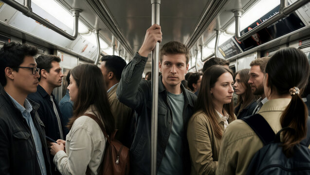 A pensive young man stands in a crowded subway car during the morning rush hour. Diverse commuters travel together in a busy urban train interior