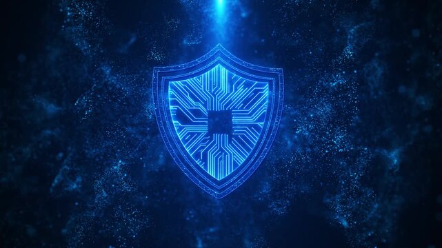 Blue circuit shield rises digital particles, strong protection systems. cybersecurity, network defense, data safety, firewall service, malware prevention, privacy campaigns technology presentation.