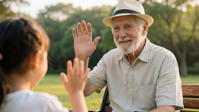 A smiling senior man shares a joyful moment with his grandchild in a vibrant park. This outdoor family scene captures happiness and intergenerational bonding