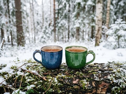 Two cozy ceramic mugs hold steaming hot tea on a snow-dusted, moss-covered log in a tranquil, white winter forest setting during daytime, scenic, steam, warm