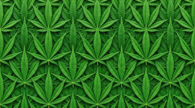 Vibrant green cannabis leaves with detailed veins are arranged in a repeating pattern, creating a natural background, hybrid, indica, legal