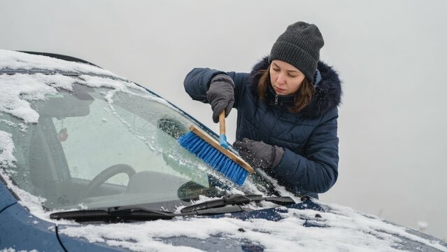 Woman in winter jacket brushing snow off car windshield