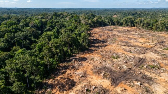 Aerial view of deforestation showing destroyed rainforest contrasting with green jungle