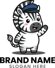 Fototapeta premium Cute Cartoon Zebra Mascot Wearing a Blue Sailor Cap Waving Hello Vector Illustration Isolated on a White Background