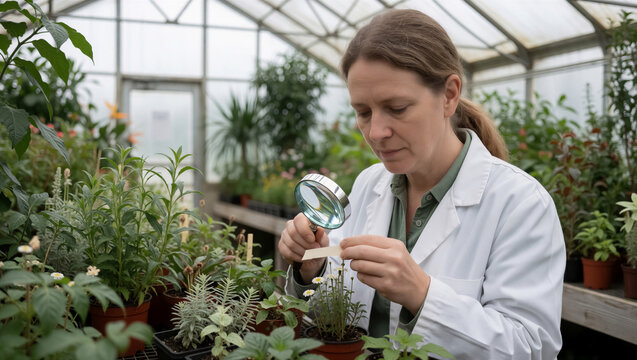Expert botanist conducting detailed plant science research in a lively greenhouse, using a magnifying glass to study a young plant