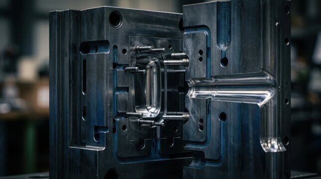 Macro cross-section of injection mold cavity with ejector pins, cooling channels and polished sprue showing precision tooling
