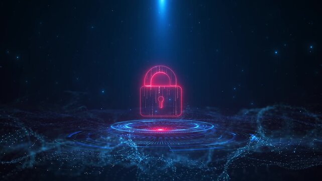 Padlock floats blue digital platform particles connected network lines. cybersecurity, encryption, online privacy, cloud protection, secure access, identity verification and technology presentatio