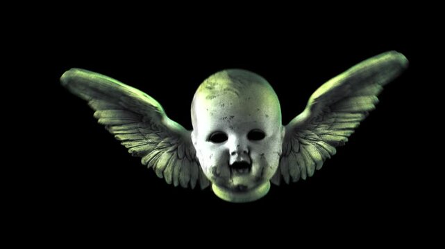 A strange, eerie flying doll head with bird-like wings, animated in a handmade stop-motion puppet style. 