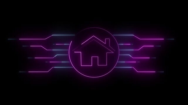 House icon animation pulses with dynamic cyber lines on dark space. Modern residential smart home technology lights this house icon. Automated real estate property security monitors the house.