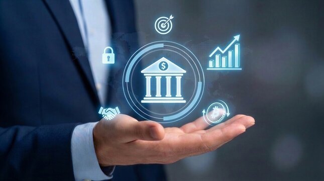 Financial executive holding digital banking and cryptocurrency icons, managing secure fintech investments, blockchain transactions, and wealth management strategies for sustainable growth.