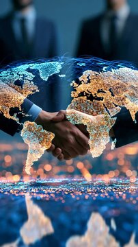 Vertical video - Diverse Business Leaders Collaborate Around Digital World Map