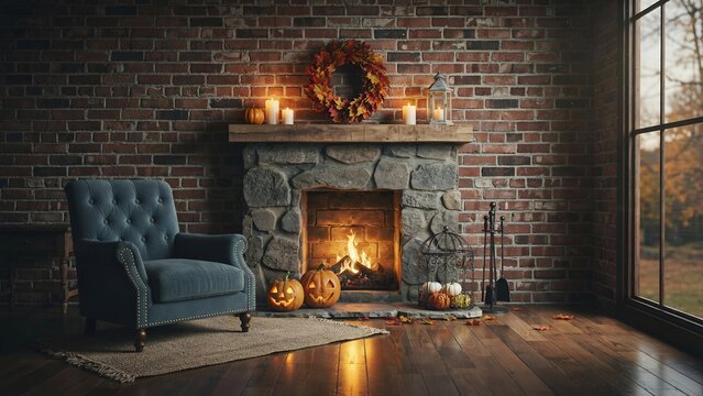 Cozy autumn living room with a lit fireplace, carved jackolanterns, a comfortable armchair, and fall decorations warm halloween home interior with brick wall and window view