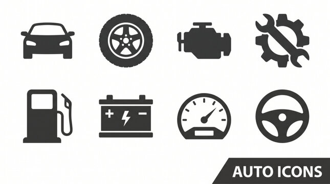 A flat vector icon sheet containing car maintenance and automotive symbols including engine tire gas pump steering wheel and speedometer