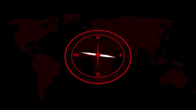 World map animation displays a navigation compass dial on black. Global travel exploration telemetry tracks across the world map. International waypoint coordinates route on the world map.