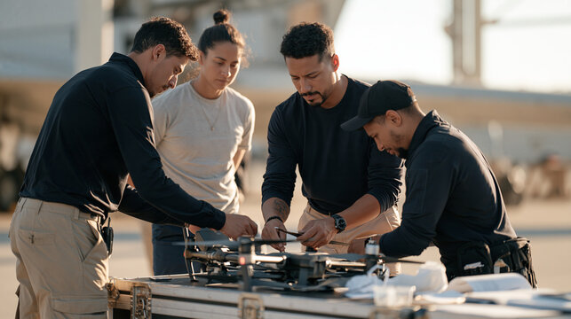 Drone operations crew stretches tired legs after a long standing outdoor shift, a workspace shadow cutting across the flight case table in candlelight warm tones, the diverse team