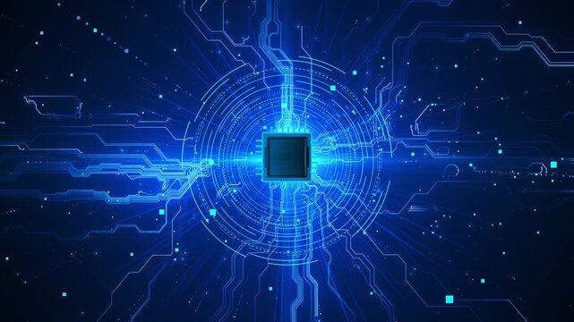 Central processor chip glows interface rings as circuit lines digital background. artificial intelligence, machine learning, data processing, semiconductor research, computing 19 presentations