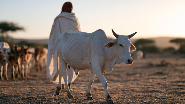 A Kenyan pastoralist woman leading emaciated cattle across a sun-scorched savanna where seasonal rains have failed three consecutive years, livestock stress, food insecurity,