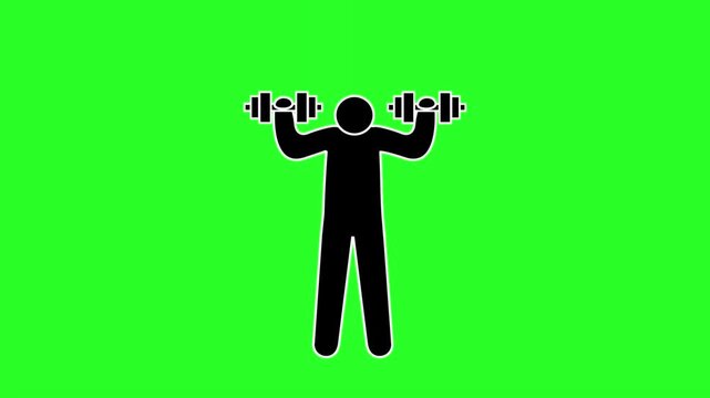 Black Stick Figure Lifting Dumbbells Vector Illustration Isolated on Green Screen Chroma Key Background Gym Fitness Workout Concept