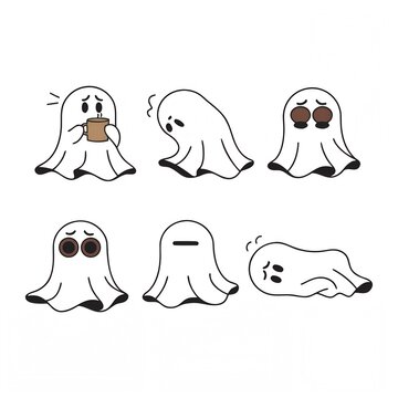 Set of cute minimalist vector ghosts with various tired and sad expressions