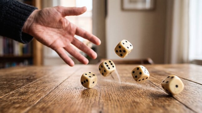 Hand throwing dice on wooden table, gambling and chance concept.