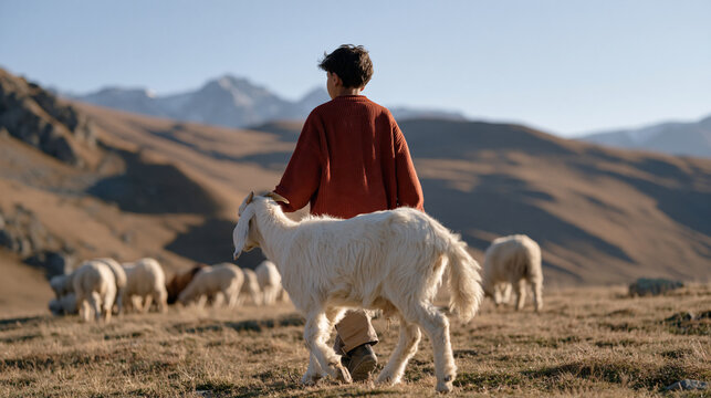 Young Georgian shepherd boy leading livestock across sun burned hillside pasture where mountain snowpack once fed summer streams, alpine ecosystem disruption water scarcity