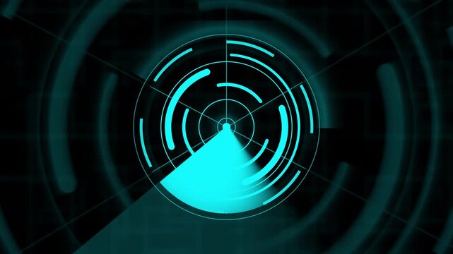 Radar interface animation sweeps radial lines on a dark space. High tech target tracking telemetry guides the radar interface. Modern cyber surveillance systems monitor radar interface.